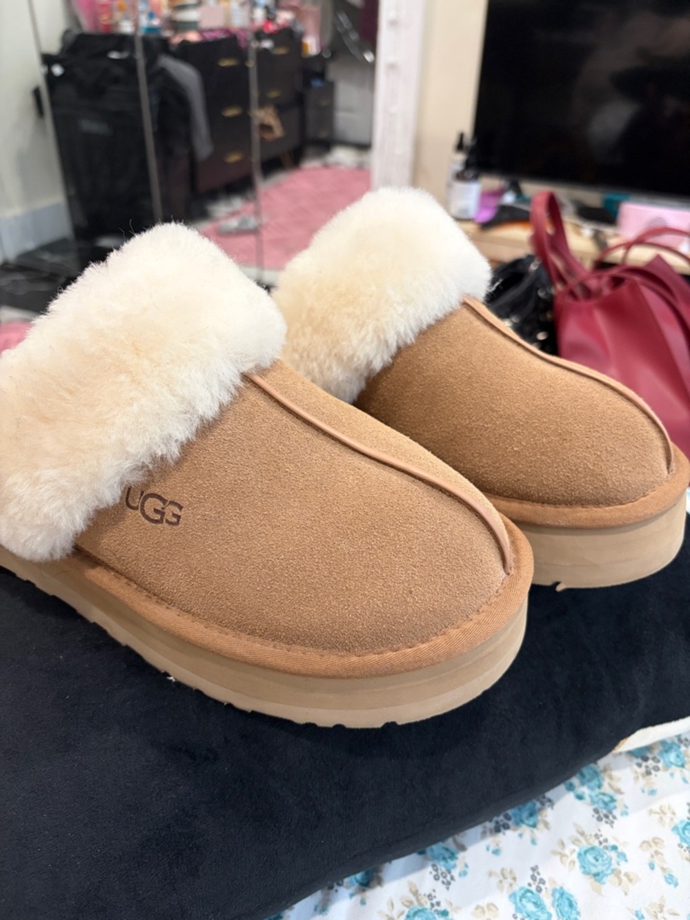 UGG Chestnut Suede Shearling Cuff Mule Slippers